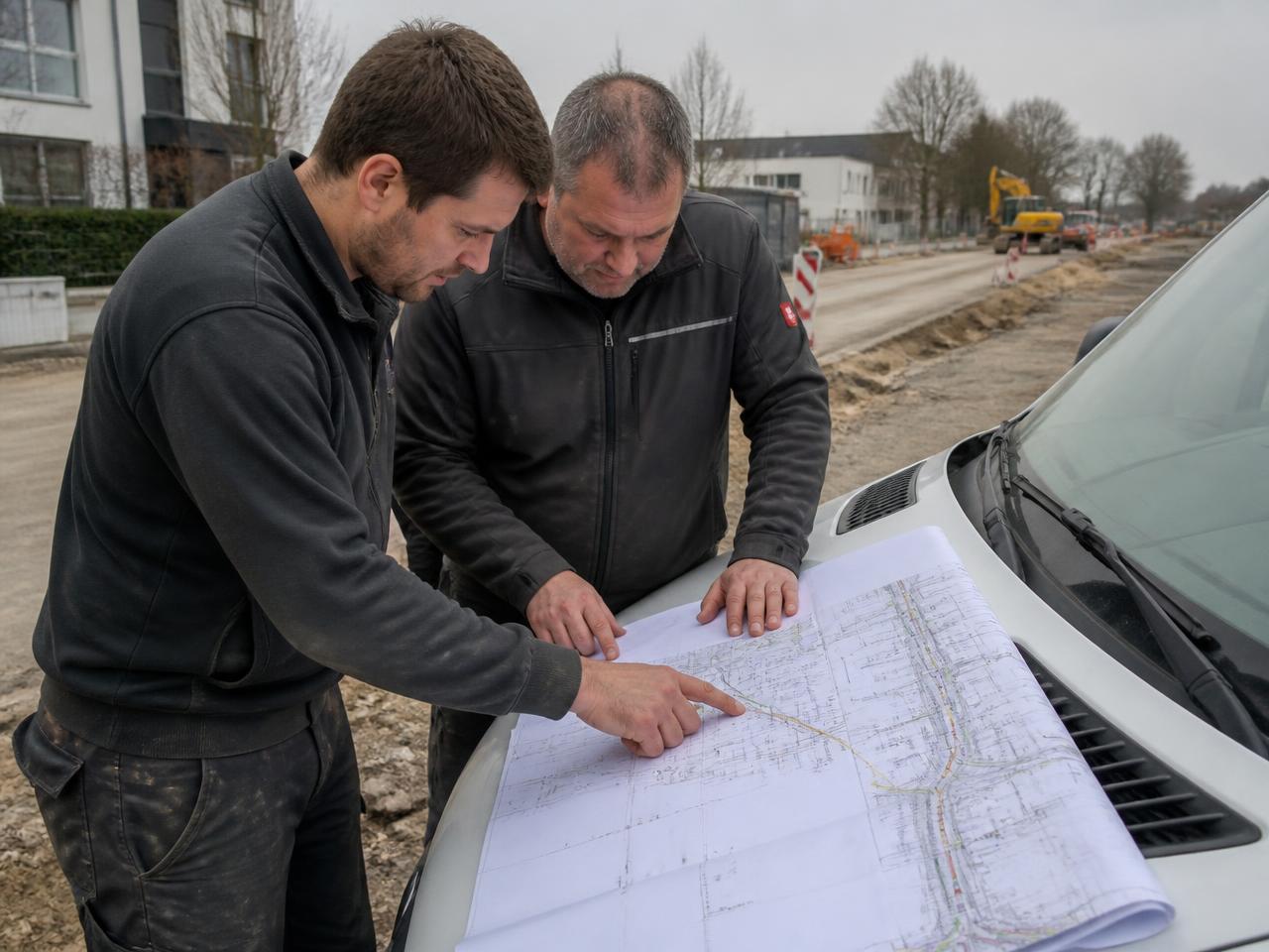Zwei Bauarbeiter studieren eine Planauskunft mit Leitungsplänen auf der Motorhaube eines Transporters